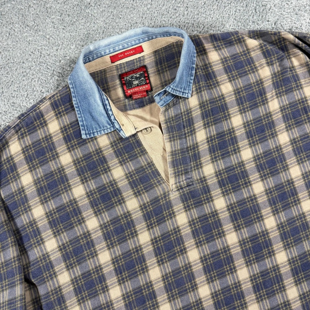 VTG Britches The Rugby Shirt Mens XL Blue Tan Plaid Denim Collar Long Sleeve